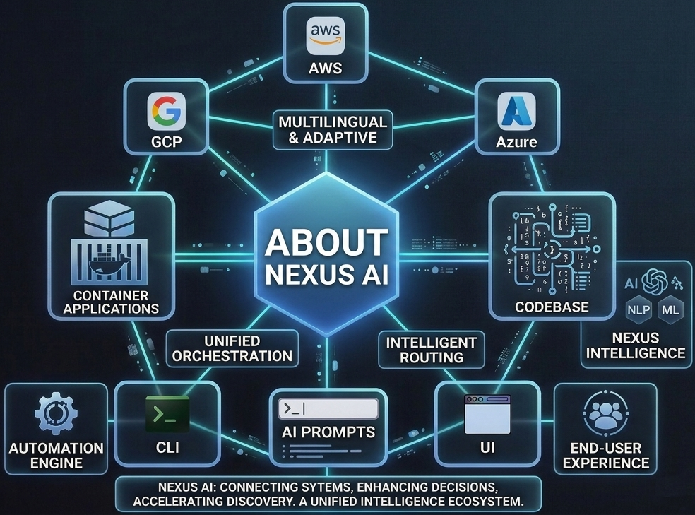 NEXUS AI ecosystem — AWS, GCP, Azure, container applications, CLI, AI prompts, UI, and intelligence layer